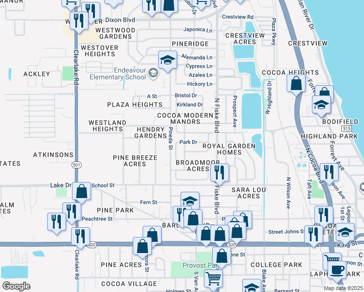 map of restaurants, bars, coffee shops, grocery stores, and more near 1101 Park Drive in Cocoa