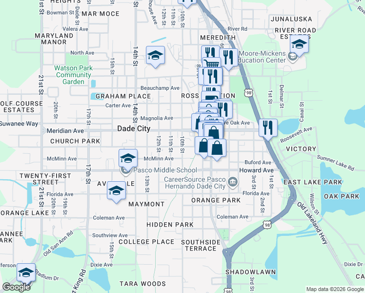 map of restaurants, bars, coffee shops, grocery stores, and more near 37701 Church Avenue in Dade City
