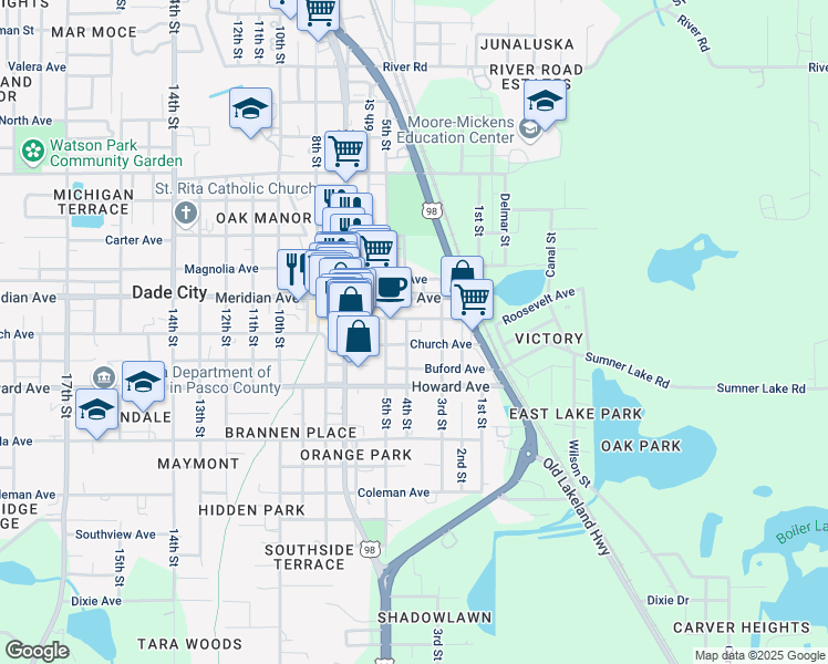 map of restaurants, bars, coffee shops, grocery stores, and more near 38041 Church Avenue in Dade City