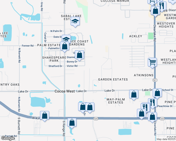 map of restaurants, bars, coffee shops, grocery stores, and more near 361 Woods Lake Drive in Cocoa