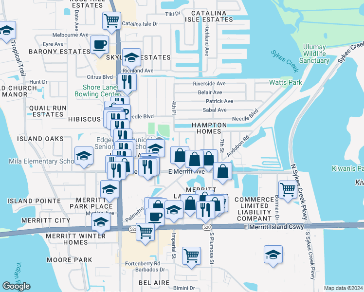 map of restaurants, bars, coffee shops, grocery stores, and more near 418 4th Street in Merritt Island
