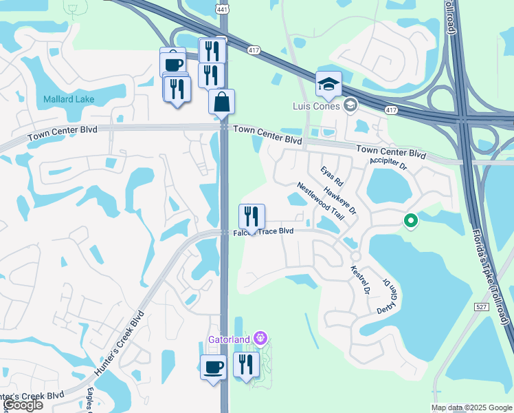 map of restaurants, bars, coffee shops, grocery stores, and more near 1712 Peregrine Falcons Way in Orlando