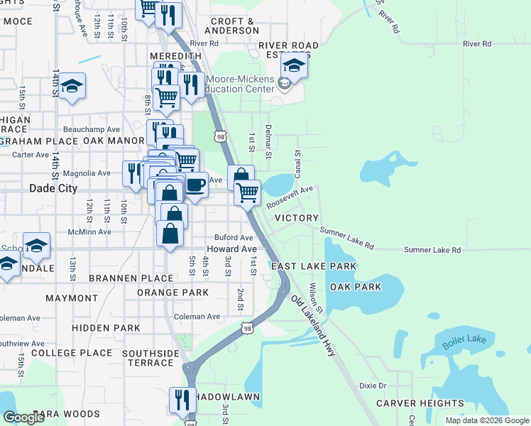 map of restaurants, bars, coffee shops, grocery stores, and more near 38234 Roosevelt Avenue in Dade City