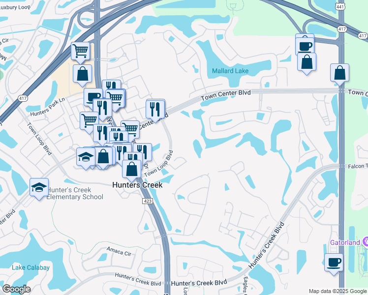 map of restaurants, bars, coffee shops, grocery stores, and more near 13956 Osprey Links Road in Orlando