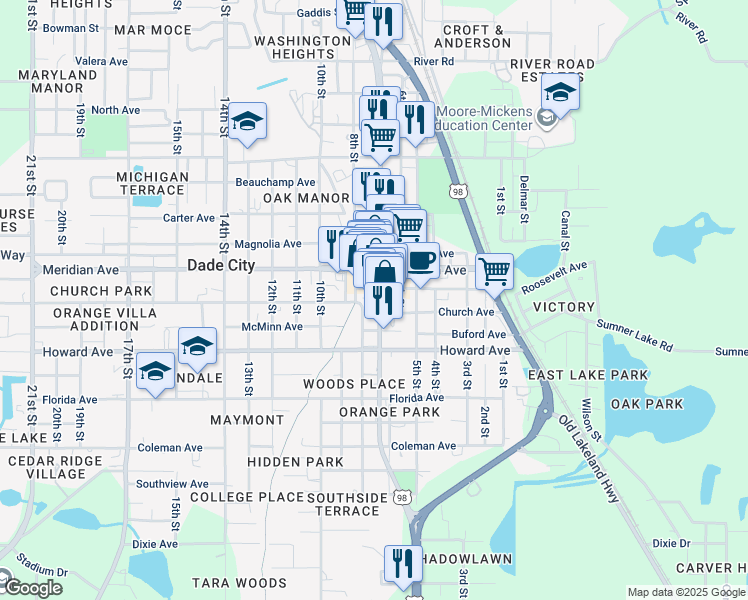 map of restaurants, bars, coffee shops, grocery stores, and more near in Dade City