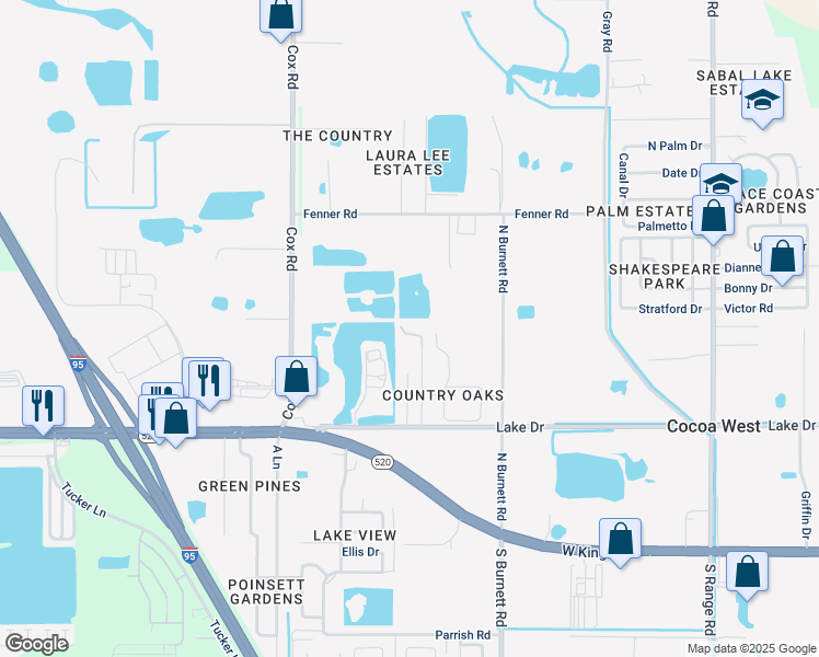 map of restaurants, bars, coffee shops, grocery stores, and more near 3810 Lake Drive in Cocoa