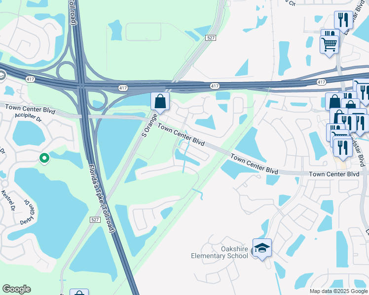 map of restaurants, bars, coffee shops, grocery stores, and more near 501 Cresting Oak Circle in Orlando