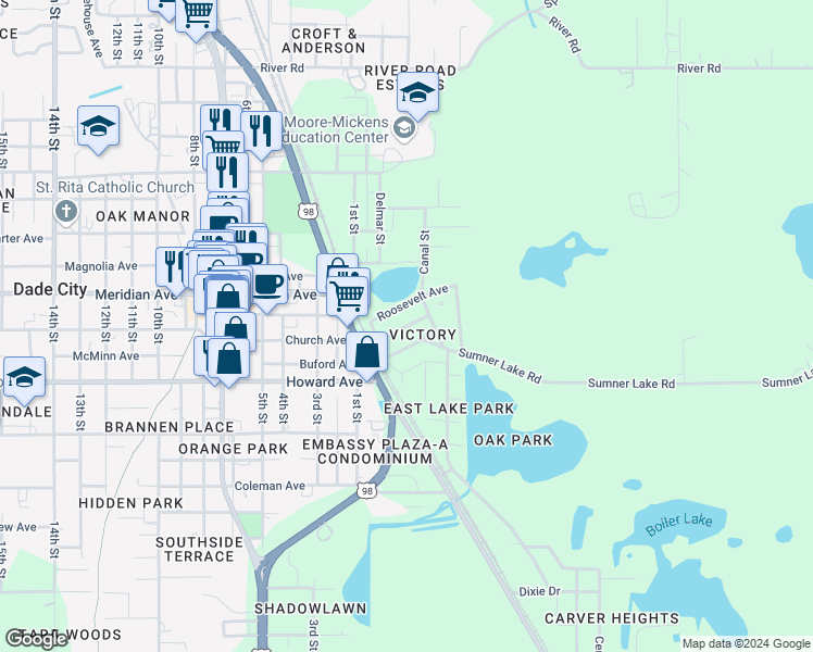 map of restaurants, bars, coffee shops, grocery stores, and more near 38319 Hampton Avenue in Dade City
