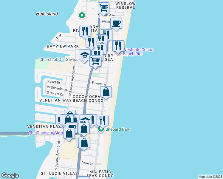 map of restaurants, bars, coffee shops, grocery stores, and more near 4850 Ocean Beach Boulevard in Cocoa Beach