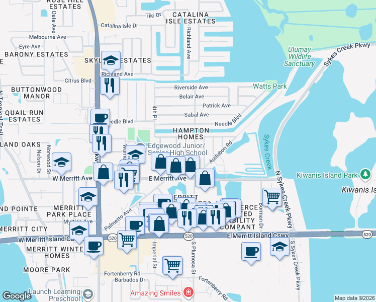 map of restaurants, bars, coffee shops, grocery stores, and more near 718 6th Street in Merritt Island