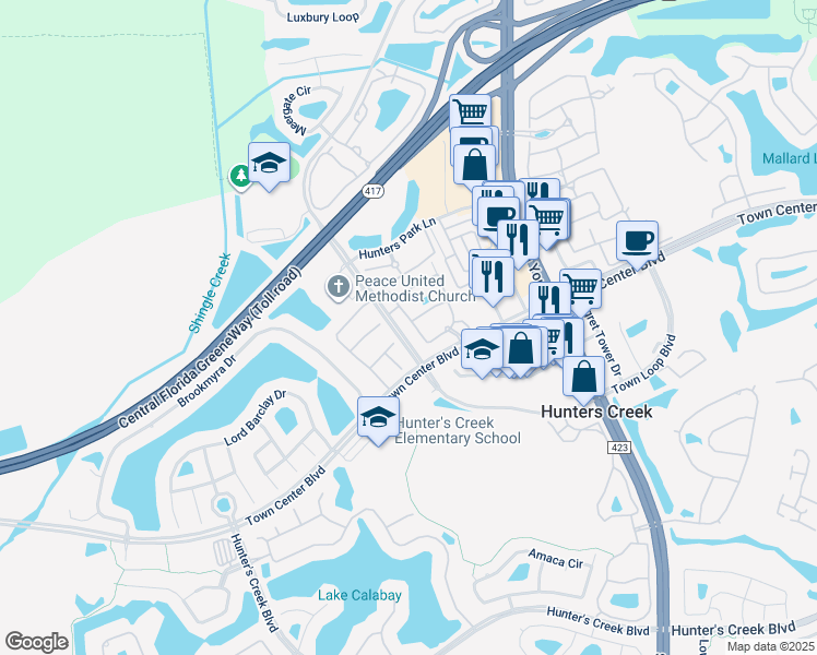 map of restaurants, bars, coffee shops, grocery stores, and more near 12021 Villanova Drive in Orlando