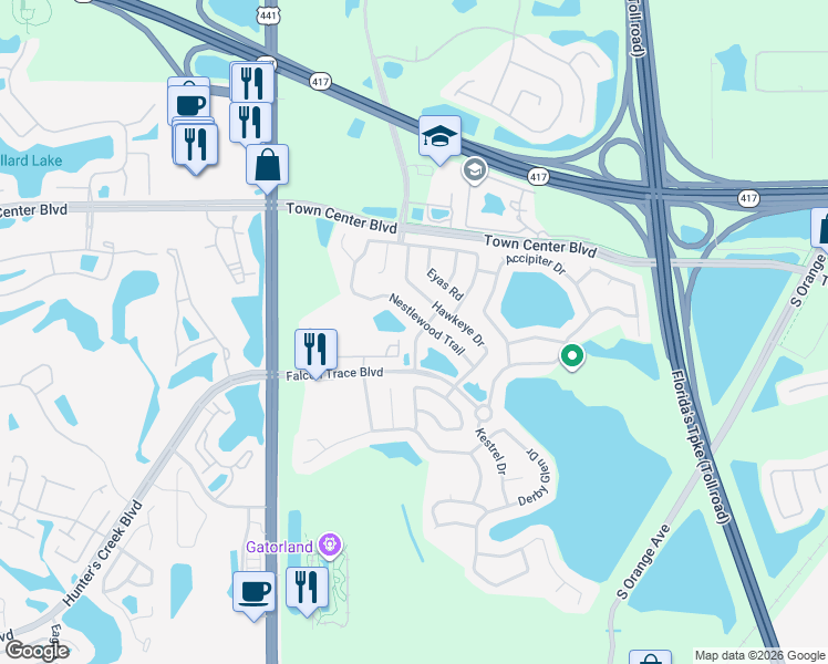 map of restaurants, bars, coffee shops, grocery stores, and more near 13726 Ridge Top Road in Orlando