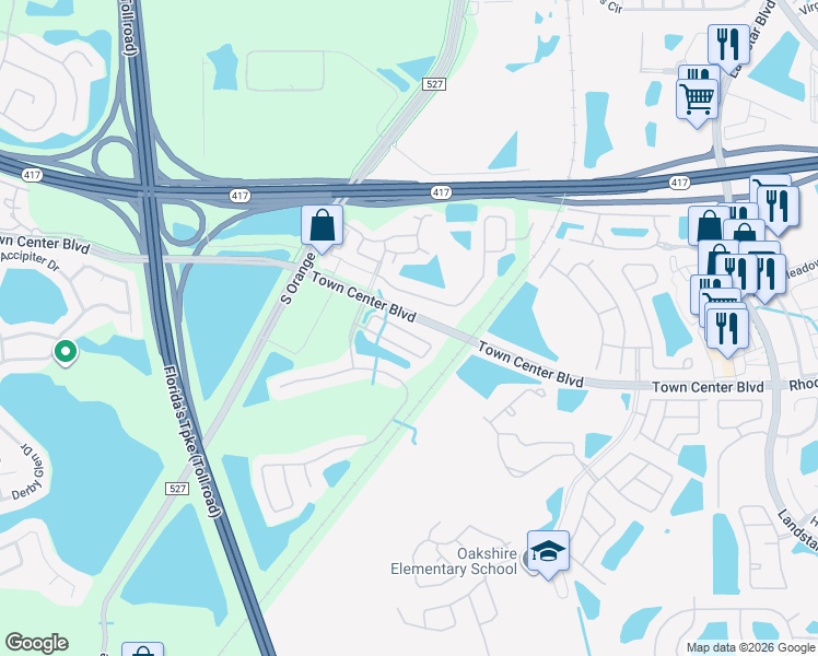 map of restaurants, bars, coffee shops, grocery stores, and more near 712 Cresting Oak Circle in Orlando