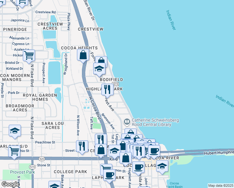 map of restaurants, bars, coffee shops, grocery stores, and more near 601 Indian River Drive in Cocoa
