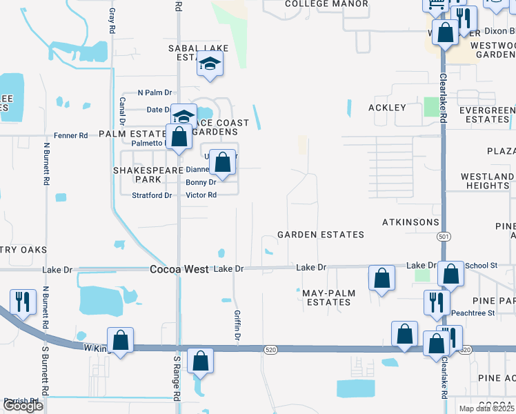 map of restaurants, bars, coffee shops, grocery stores, and more near 453 Country Ln Dr in Cocoa
