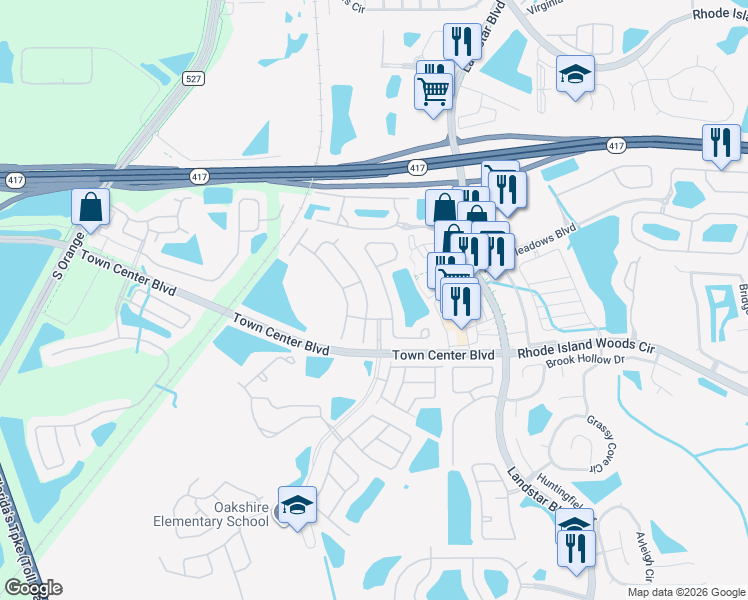 map of restaurants, bars, coffee shops, grocery stores, and more near 13329 Greenpointe Drive in Orlando