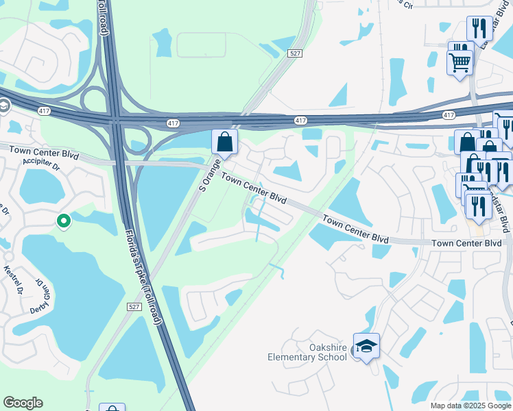 map of restaurants, bars, coffee shops, grocery stores, and more near 501 Cresting Oak Circle in Orlando