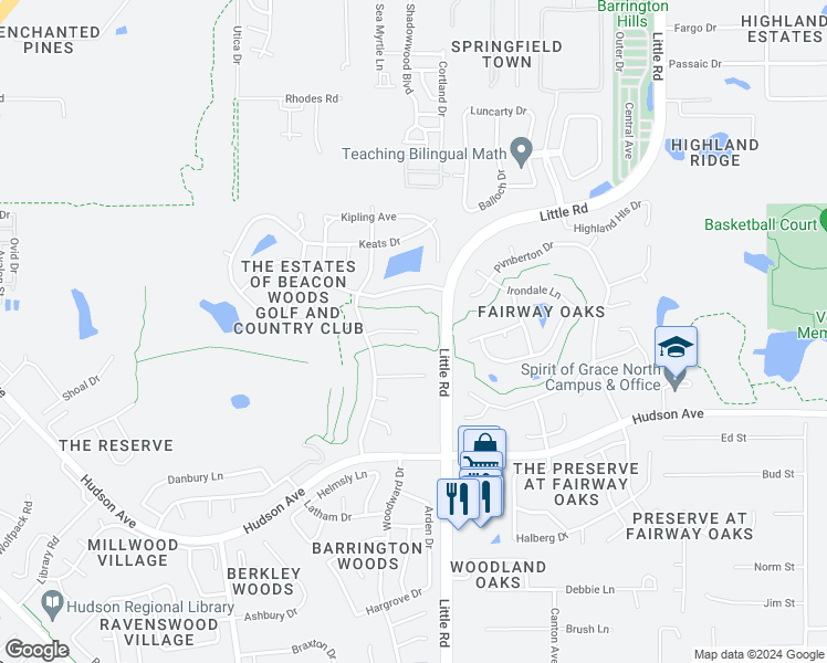 map of restaurants, bars, coffee shops, grocery stores, and more near Kilmer Way in Hudson