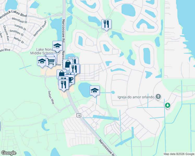 map of restaurants, bars, coffee shops, grocery stores, and more near 14150 Swanley Street in Orlando