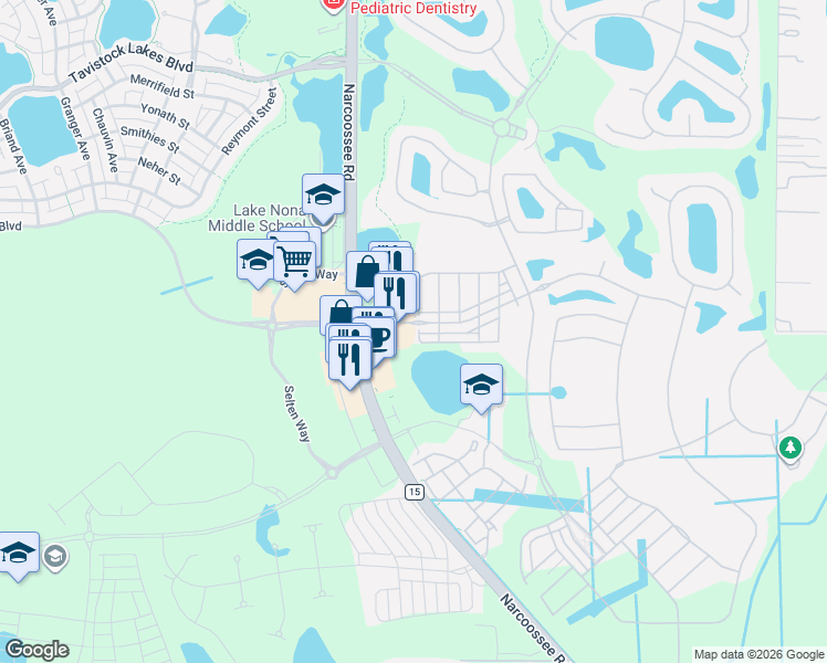 map of restaurants, bars, coffee shops, grocery stores, and more near 9938 Eagle Creek Center Boulevard in Orlando