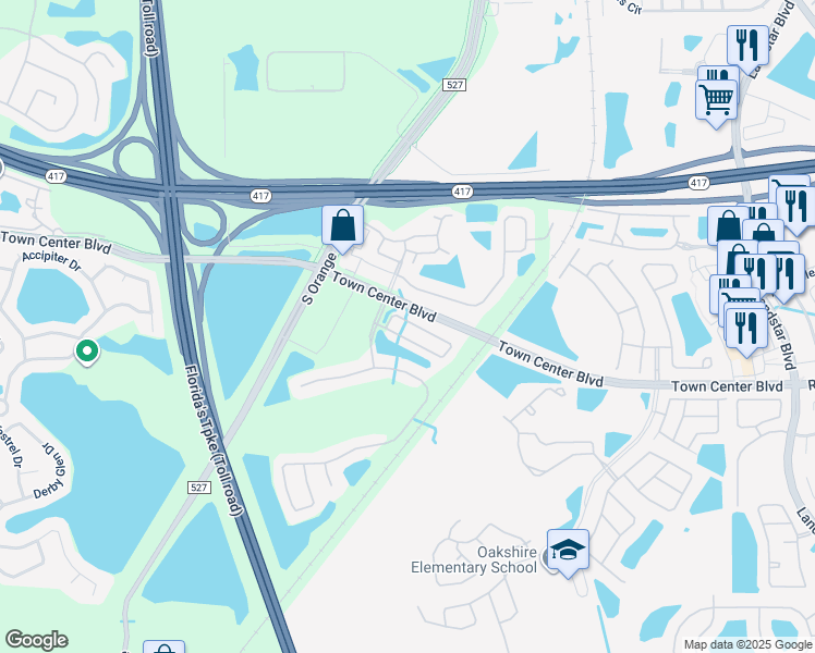 map of restaurants, bars, coffee shops, grocery stores, and more near 716 Cresting Oak Circle in Orlando