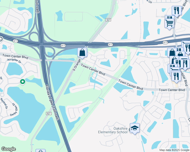 map of restaurants, bars, coffee shops, grocery stores, and more near 501 Cresting Oak Circle in Orlando