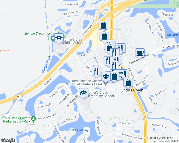 map of restaurants, bars, coffee shops, grocery stores, and more near 12021 Villanova Drive in Orlando
