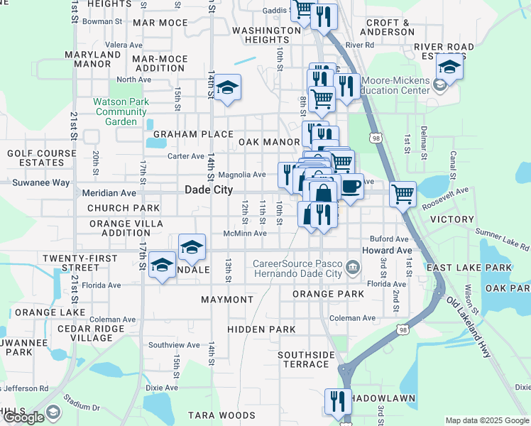 map of restaurants, bars, coffee shops, grocery stores, and more near 14130 11th Street in Dade City