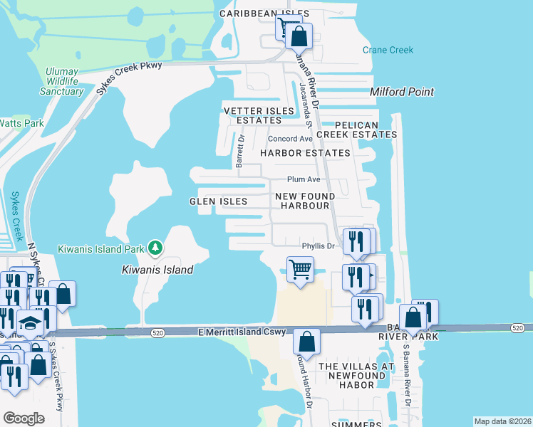 map of restaurants, bars, coffee shops, grocery stores, and more near 1465 Anchor Lane in Merritt Island