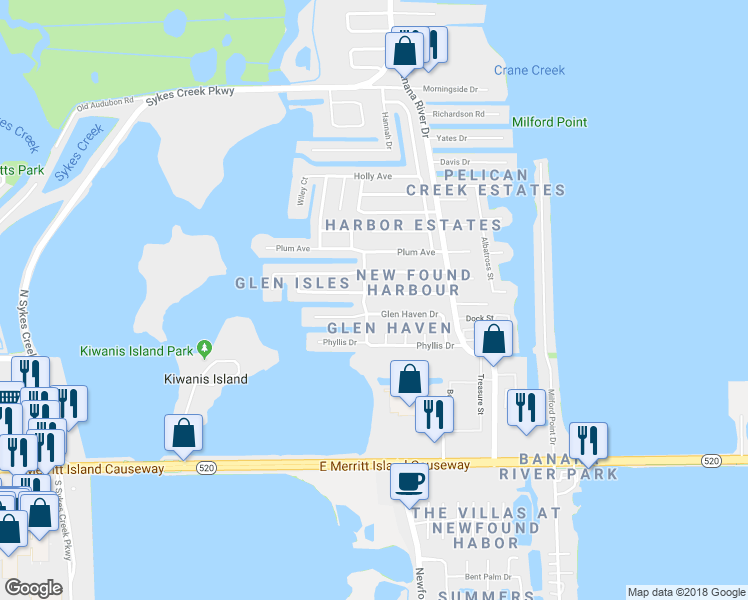 map of restaurants, bars, coffee shops, grocery stores, and more near 1465 Anchor Lane in Merritt Island