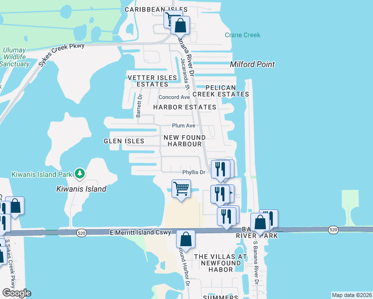 map of restaurants, bars, coffee shops, grocery stores, and more near 1545 Anchor Lane in Merritt Island