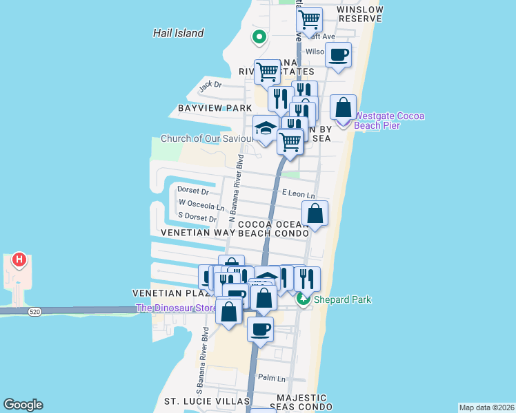 map of restaurants, bars, coffee shops, grocery stores, and more near 131 West Pasco Lane in Cocoa Beach