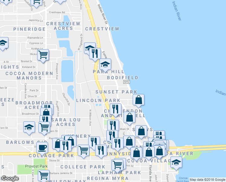 map of restaurants, bars, coffee shops, grocery stores, and more near 112 Olive Street in Cocoa