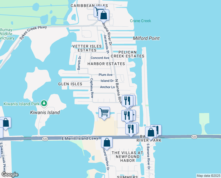 map of restaurants, bars, coffee shops, grocery stores, and more near 1575 Anchor Lane in Merritt Island