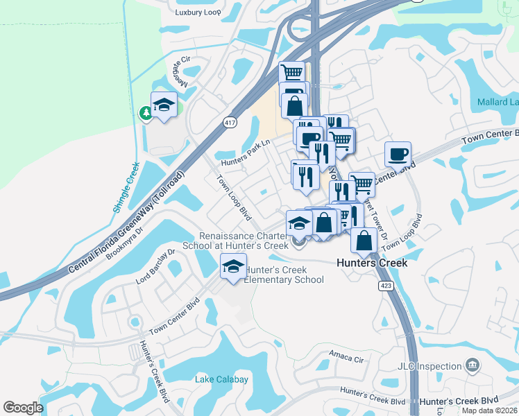 map of restaurants, bars, coffee shops, grocery stores, and more near 12021 Villanova Drive in Orlando
