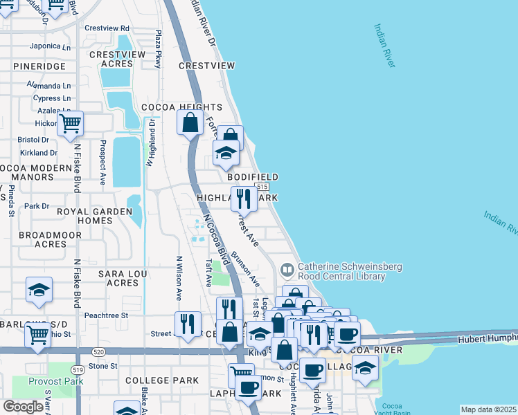 map of restaurants, bars, coffee shops, grocery stores, and more near 16 Olive Street in Cocoa