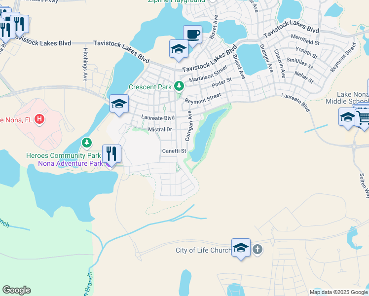 map of restaurants, bars, coffee shops, grocery stores, and more near 14230 Corrigan Avenue in Orlando