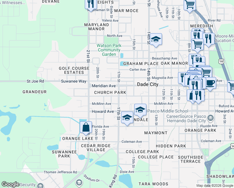 map of restaurants, bars, coffee shops, grocery stores, and more near 37215 Church Avenue in Dade City
