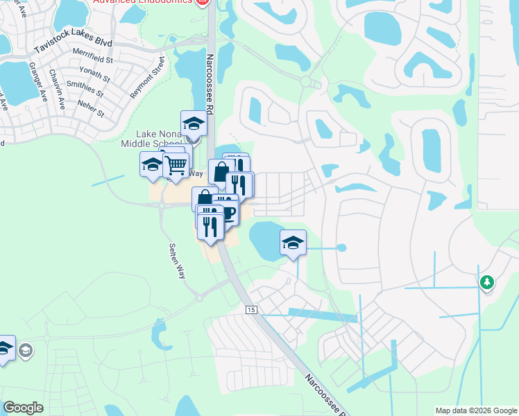 map of restaurants, bars, coffee shops, grocery stores, and more near 9938 Eagle Creek Center Boulevard in Orlando