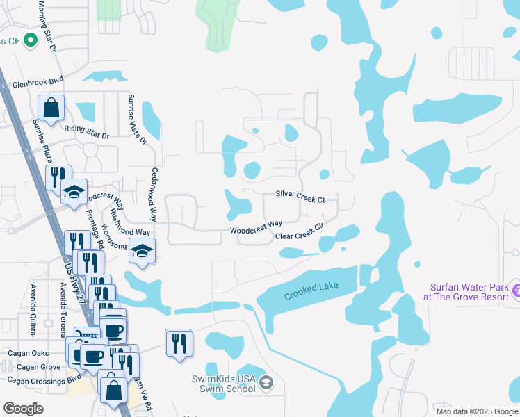 map of restaurants, bars, coffee shops, grocery stores, and more near 1143 Clear Creek Circle in Clermont