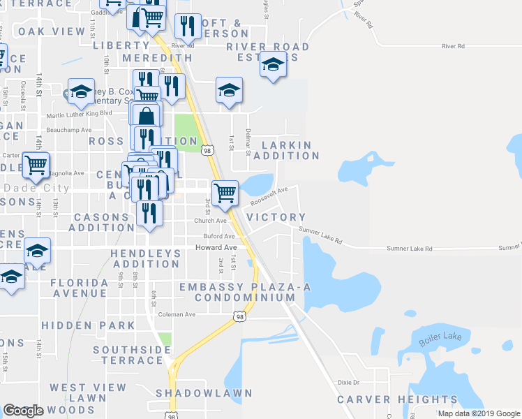 map of restaurants, bars, coffee shops, grocery stores, and more near 38313 Hampton Avenue in Dade City