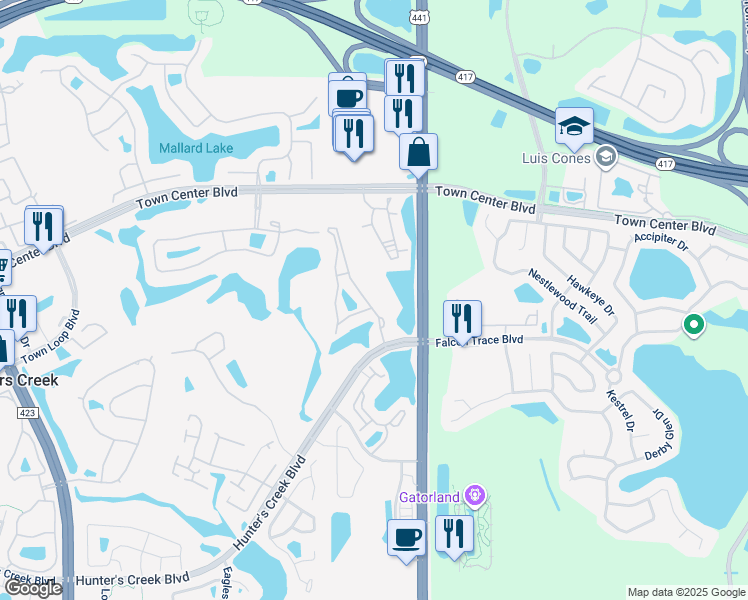 map of restaurants, bars, coffee shops, grocery stores, and more near 14049 Fairway Island Drive in Orlando