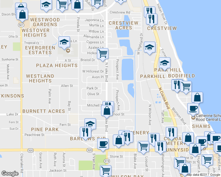 map of restaurants, bars, coffee shops, grocery stores, and more near 419 Thomas Avenue in Cocoa