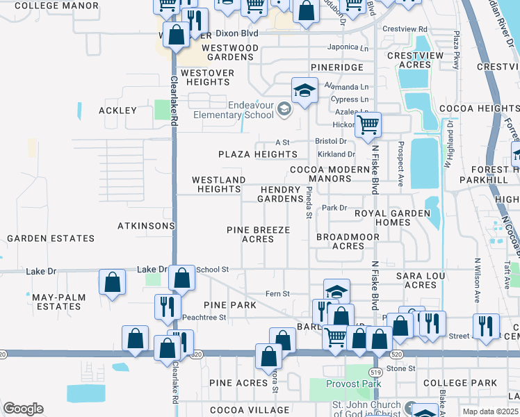 map of restaurants, bars, coffee shops, grocery stores, and more near 363 Pine Avenue in Cocoa