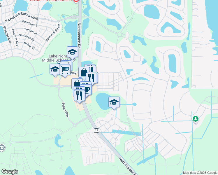 map of restaurants, bars, coffee shops, grocery stores, and more near 10034 Eagle Creek Center Boulevard in Orlando