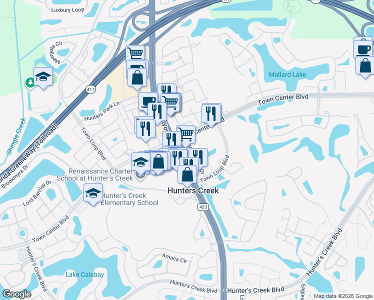 map of restaurants, bars, coffee shops, grocery stores, and more near 13938 Egret Tower Drive in Orlando