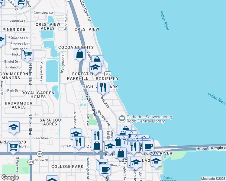 map of restaurants, bars, coffee shops, grocery stores, and more near 16 Olive Street in Cocoa