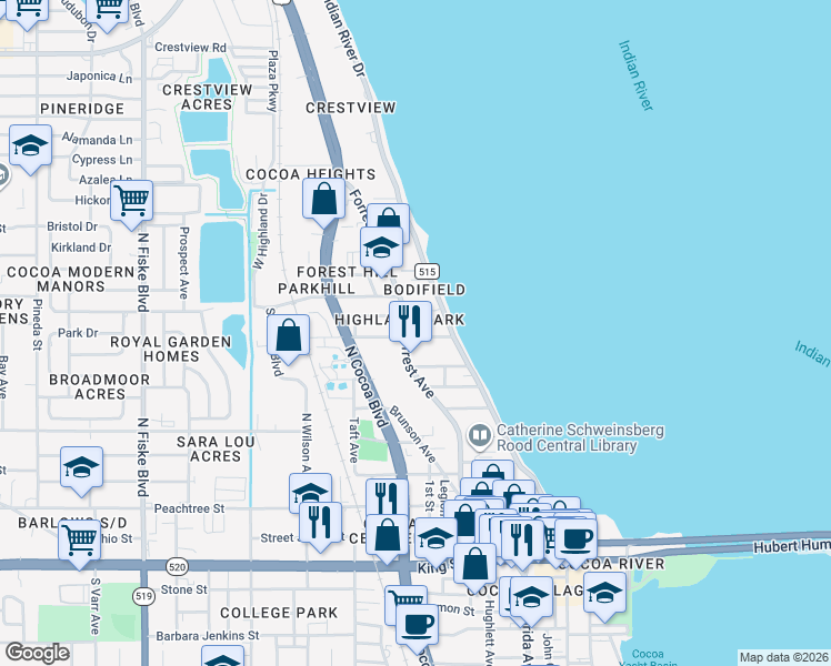 map of restaurants, bars, coffee shops, grocery stores, and more near 16 Olive Street in Cocoa