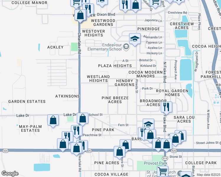map of restaurants, bars, coffee shops, grocery stores, and more near 366 Palm Avenue in Cocoa