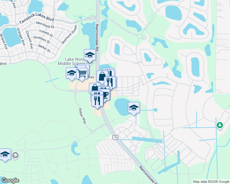 map of restaurants, bars, coffee shops, grocery stores, and more near 9938 Eagle Creek Center Boulevard in Orlando